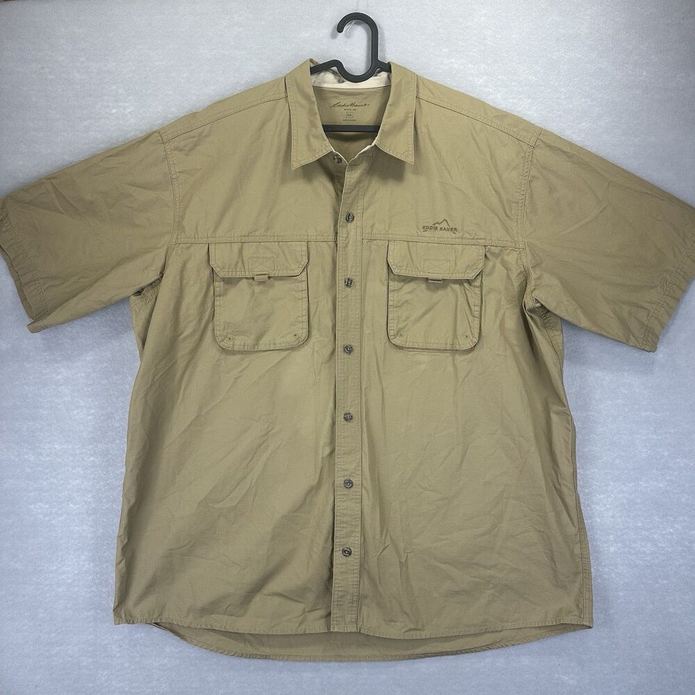 Eddie Bauer Shirt Mens XXL Beige Short Sleeve Chest Pockets Button Up Collared - Picture 3 of 12